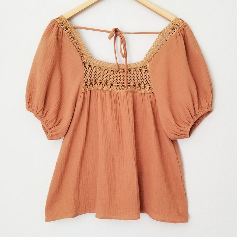 Bluivy Women's S Boho Crochet Lace Puff Sleeves Blouse Square Neck Camel Cotton - Picture 8 of 14